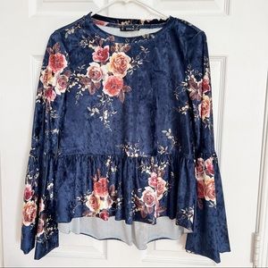 SHEIN | Long Bell Sleeve Velvet Peplum Ruffle Blouse